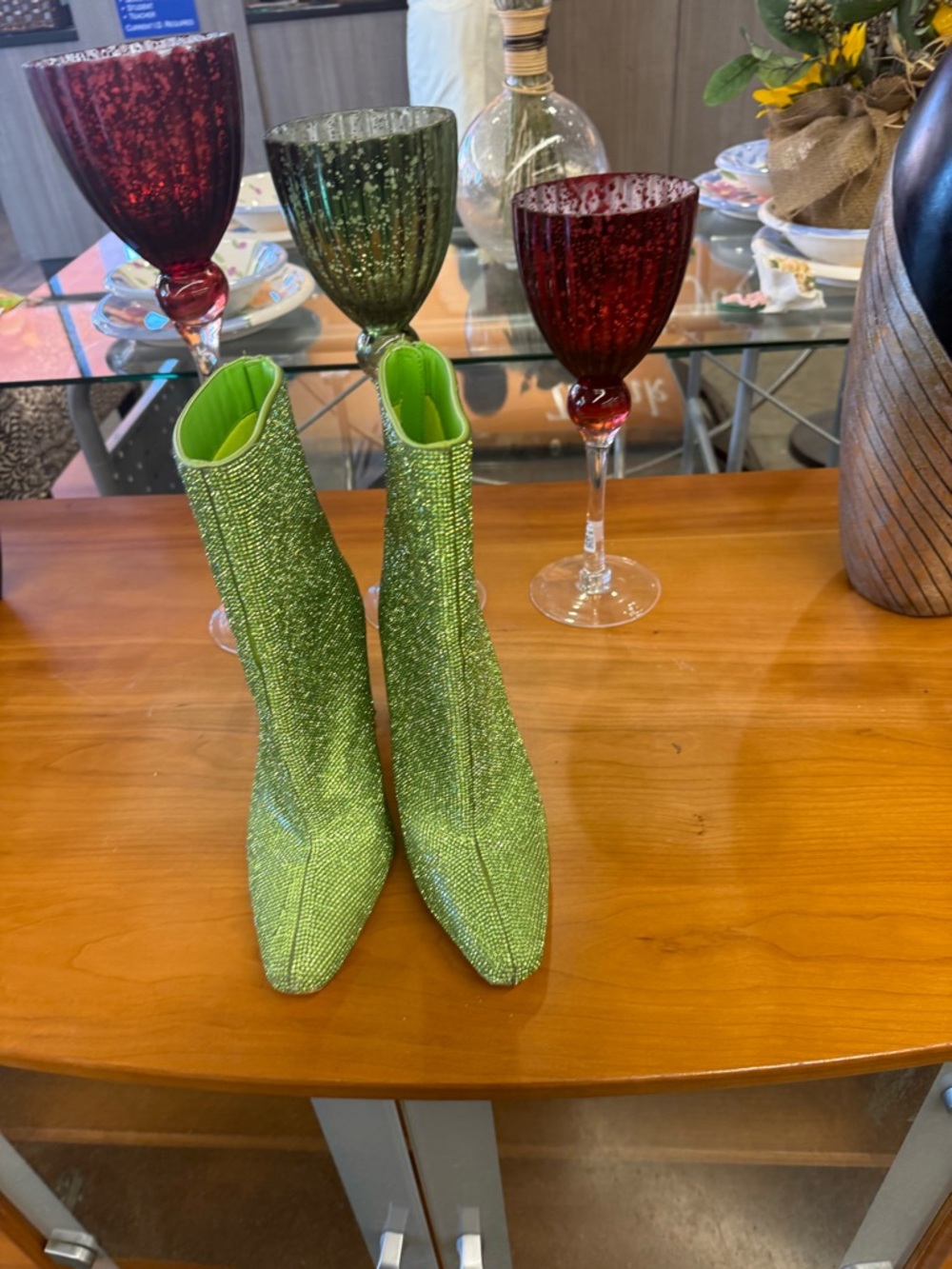 Glitter Stretch Green Ankle Booties
